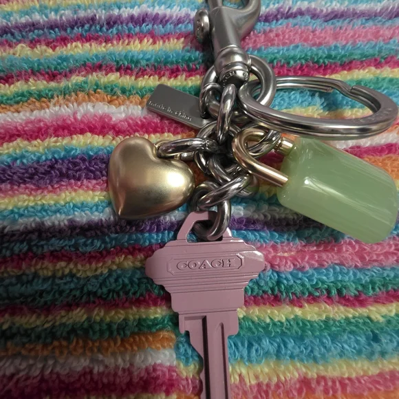 Coach Pink Key Charm with Green Lock and Yellow-Striped Heart - Picture 5 of 6